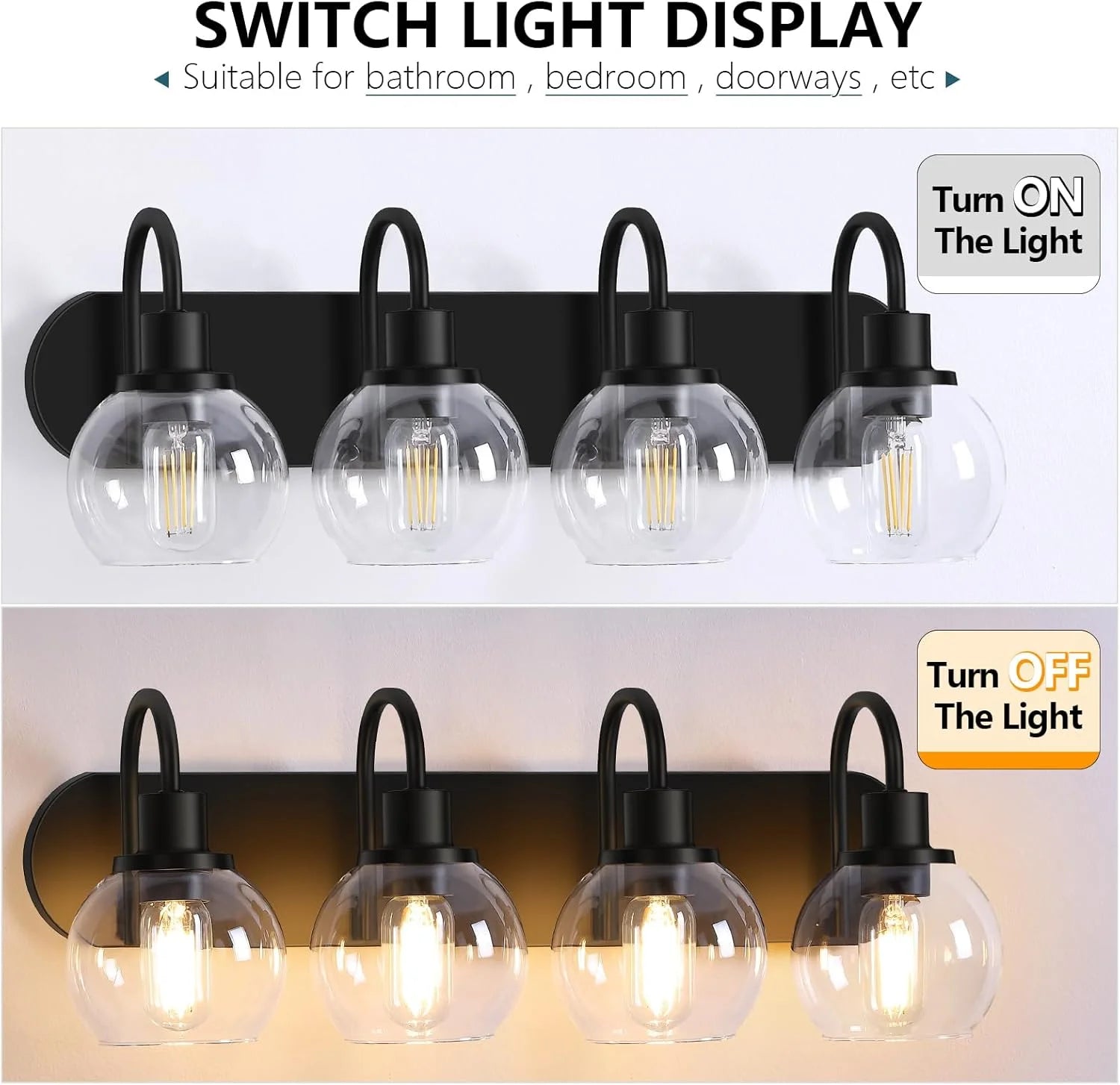 Matte Black Bathroom Light Fixtures Vanity Light for Bathroom 4 Lights Modern Wall Light Fixtures over Mirror with Clear Glass Shade