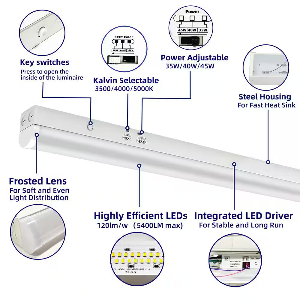 3.38 Ft. White Integrated LED Utility Shop Lights 200-Watt Equivalent Cct/Wattage Selectable,0-10-Volt Dimmable (2-Pack)