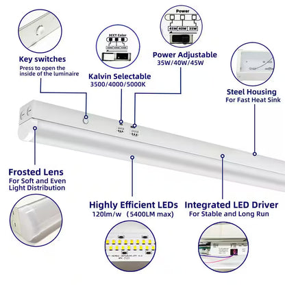 3.38 Ft. White Integrated LED Utility Shop Lights 200-Watt Equivalent Cct/Wattage Selectable,0-10-Volt Dimmable (2-Pack)