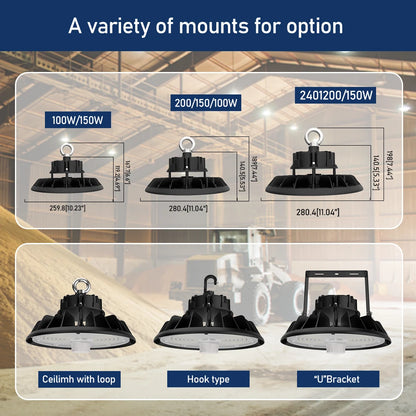 100-300W Black 200 Watt IP65 Foco Industrial Lampara Hi Bay Lamp Warehouse Highbay Ufo Light High Bay Led for Gym Garage