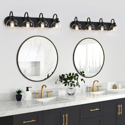 Matte Black Bathroom Light Fixtures Vanity Light for Bathroom 4 Lights Modern Wall Light Fixtures over Mirror with Clear Glass Shade