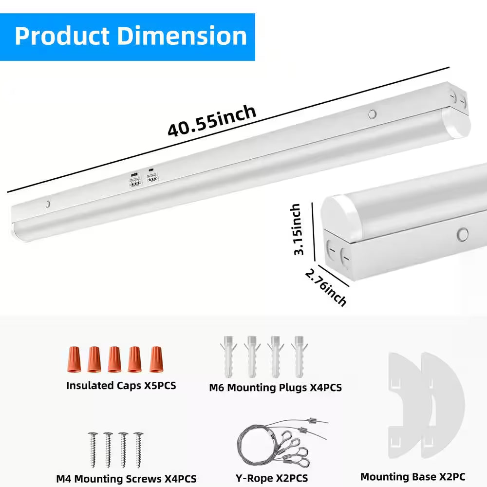 4 Pack 3.38 Ft. Linear Integrated LED White Strip Light Fixture, Cct/Wattage Selectable Hanging Ceiling Light for Garage
