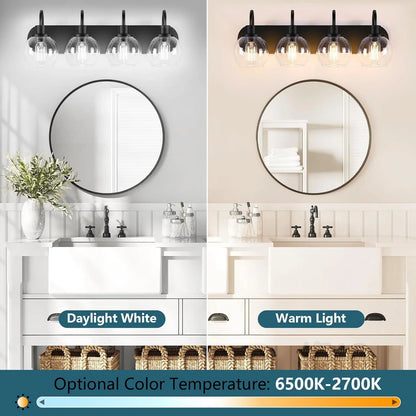 Matte Black Bathroom Light Fixtures Vanity Light for Bathroom 4 Lights Modern Wall Light Fixtures over Mirror with Clear Glass Shade