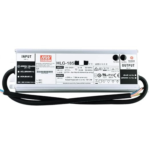 Mean Well HLG 185W 42V 4.4A LED Driver， HLG-185H-42A Switching Power Supply Converter Transformer with IP65, PFC Function, Metal Case, Constant Voltage/Current