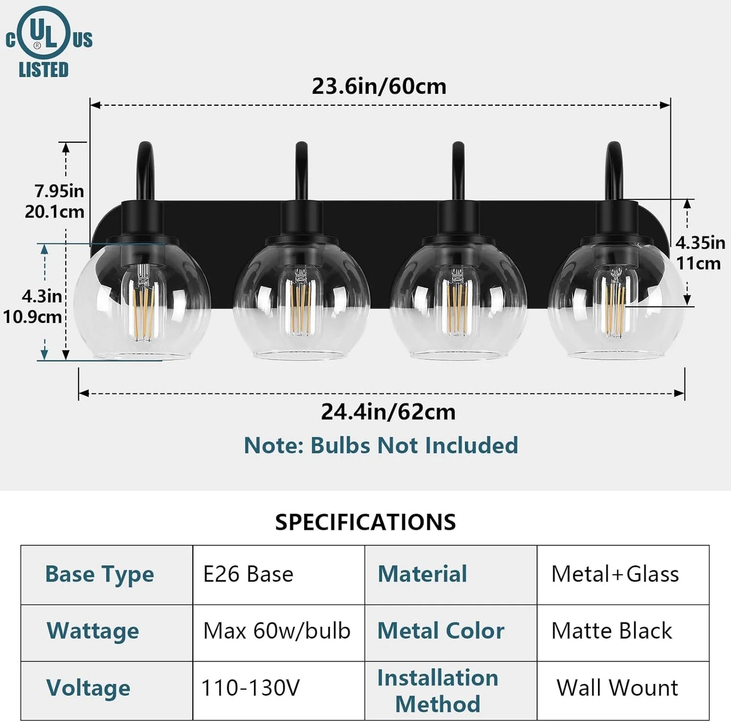 Matte Black Bathroom Light Fixtures Vanity Light for Bathroom 4 Lights Modern Wall Light Fixtures over Mirror with Clear Glass Shade