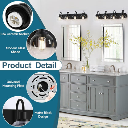 Matte Black Bathroom Light Fixtures Vanity Light for Bathroom 4 Lights Modern Wall Light Fixtures over Mirror with Clear Glass Shade