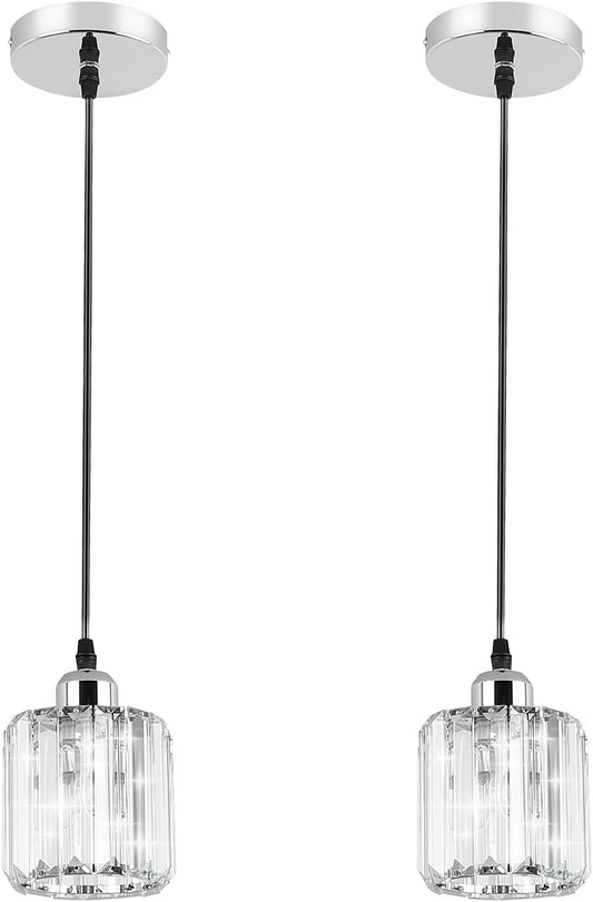 Stunning  Modern Crystal Pendant Lights - Adjustable Chrome Fixtures for Dining Room, Bedroom, Kitchen Island & More - Set of 2